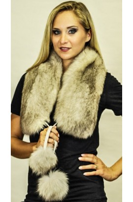 Grey fox fur scarf - With real fox fur pom poms
